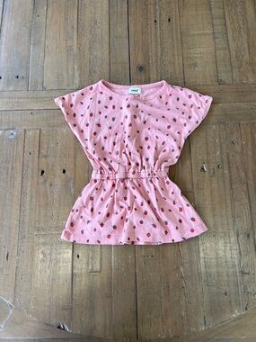 Oeuf pink strawberry conch waist cap sleeve Orgwnic dress 12-18 months